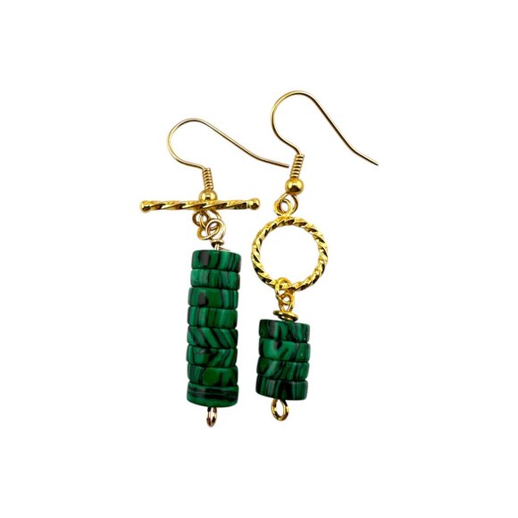Malachite Heishi Mismatched Earrings Gold Plated - Picture 3 of 12